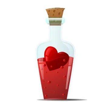 Elixir of love. A small glass bottle with smooth edges, with a red heart inside. Stock Illustration