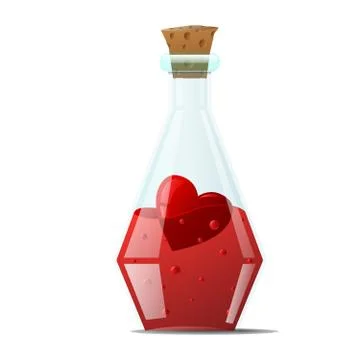 Elixir of love. A small glass bottle with sharp edges, with a red heart inside. Stock Illustration