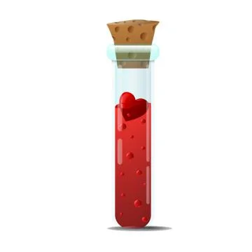 Elixir of love. A small glass bottle in the shape of a test tube, with a red Stock Illustration