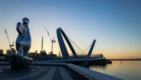 Elizabeth Quay Bridge and Statue Sunrise Timelapse Stock Footage 139953258