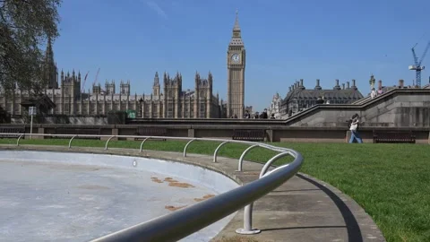 Elizabeth Tower View Across Empty Pond Stock Footage 333353003