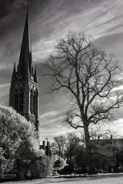 Elizabethan church spire and leafless tree in winter with clouds, in infrared Stock Photos