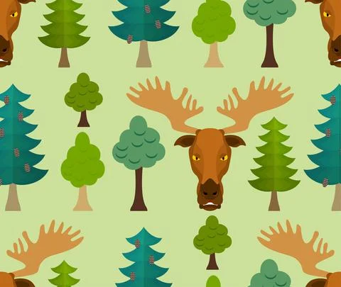 Elk in forest pattern seamless. Deer in forest trees background Stock Illustration