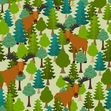 Elk in forest pattern seamless. Deer in forest trees background Stock Illustration