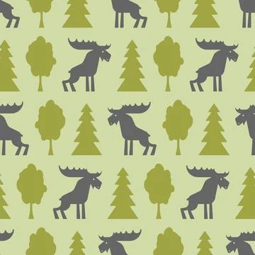 Elk in forest Pattern seamless. Deer and trees Background Stock Illustration
