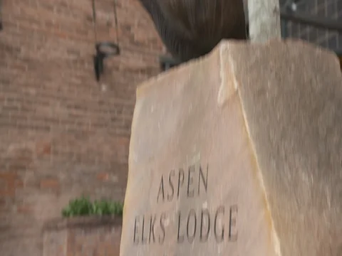 Elk statue at Aspen lodge during snowfall Stock Footage 84504853