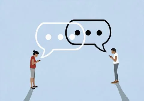 Ellipsis text message bubbles above couple texting with smart phones on blue Ilustração Stock