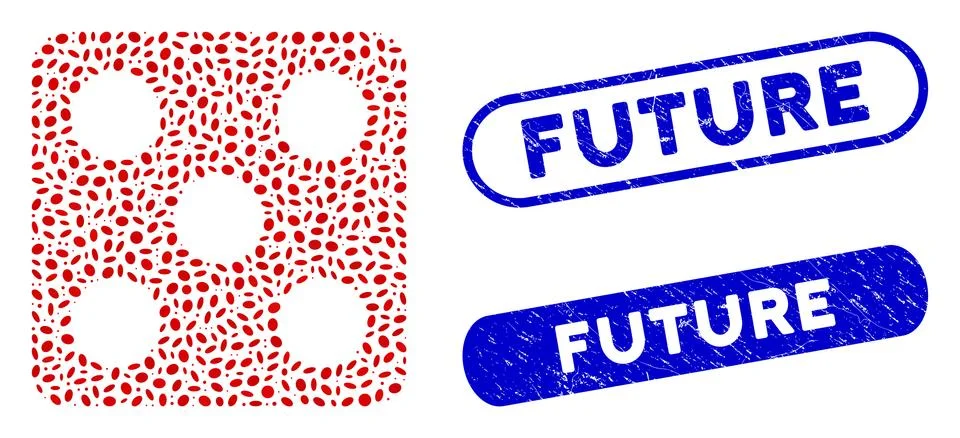 Elliptic Collage Dice with Textured Future Stamps Stock Illustration
