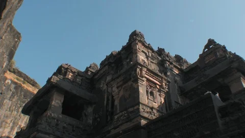 Ellora caves, India.  Low angle shot of walls at Kailasha temple. Stock Footage 117284366