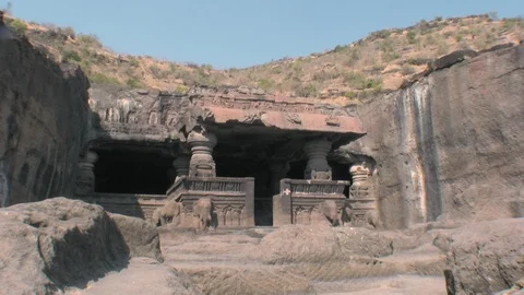 Ellora caves, India. Side view of the entrance to a hindu temple with elephant. Video stock 117290101