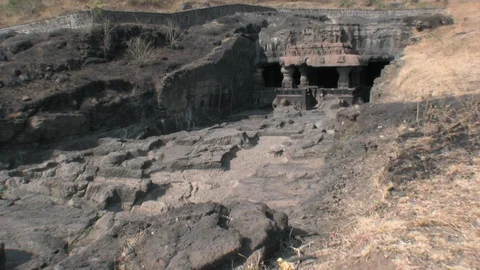 Ellora, India. General side view of a hindu temple with elephant guardians. Video stock 117292982