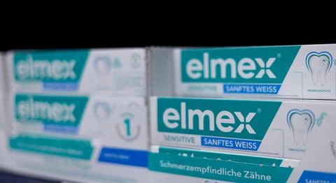 Elmex Sensitive Toothpaste Packaging - FRANKFURT, GERMANY - MARCH 21, 2025 Stock Photos