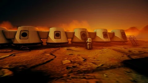 Elon Musk, Planet Mars One project, red sun, Mars Colony, sunset with astronauts Stock Footage