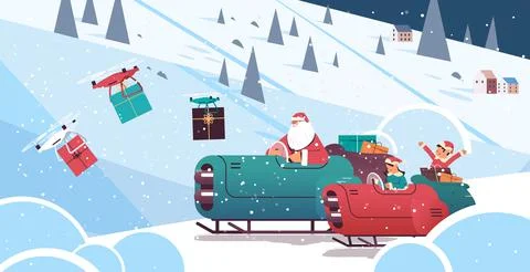 Elves with santa claus driving sleigh car with gifts merry christmas happy new Stock Illustration