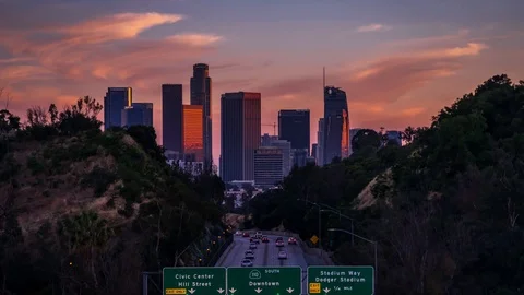 Elysian Park Freeway 110 Sunset Night 601 pics 5 sec int 06-10-19 h264-420 4K Stock Footage 111206080