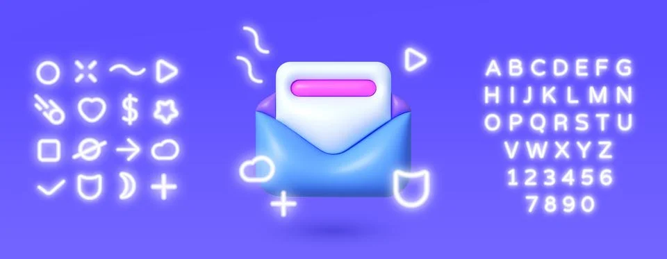 Email 3d Neon in 3d style on blue background. 3d render illustration. Isolated Illustrazione stock