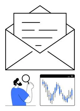 Email and Analytics Correspondence, Market Research, and Data Analysis Stock Illustration