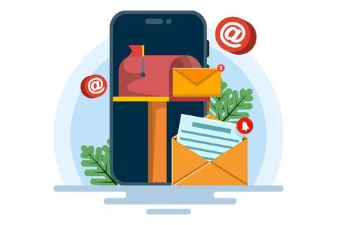 Email and smartphone concept, Email marketing campaign, Work process. Illustrazione stock