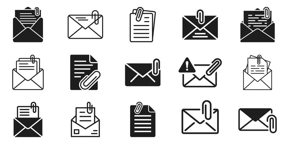 Email attach icon set collection in flat style. Mail envelope with paper cl.. Stock Illustration