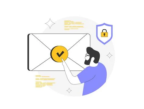 Email authentication illustration with verified envelope, security shield and Stock Illustration