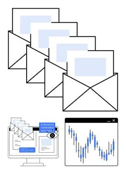 Email automation concept with multiple envelopes and data analytics on comp.. イラスト素材