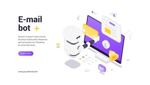 Email Bot Modern Isometric Banner Template With Robot And Computer Correspo.. Stock Illustration