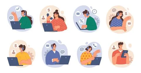 Email call center, customer chat. Men and women professional help service, .. Stock Illustration