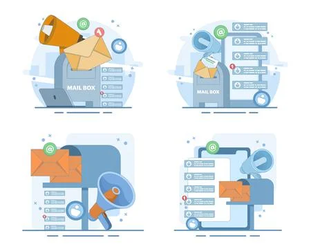 Email campaign set, mailbox notification with new message. Иллюстрация