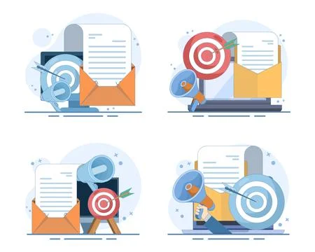Email campaign set, targeted audience outreach, newsletter advertising. Stock Illustration