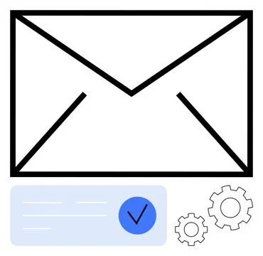 Email with Checkmark and Gears Representing Successful Message Delivery and Stock Illustration