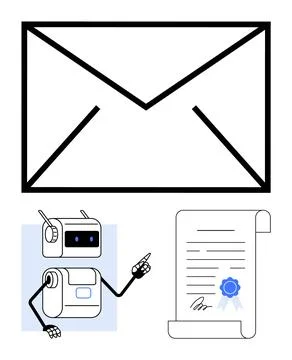 Email communication, AI integration, document verification, e-signatures, con Stock Illustration