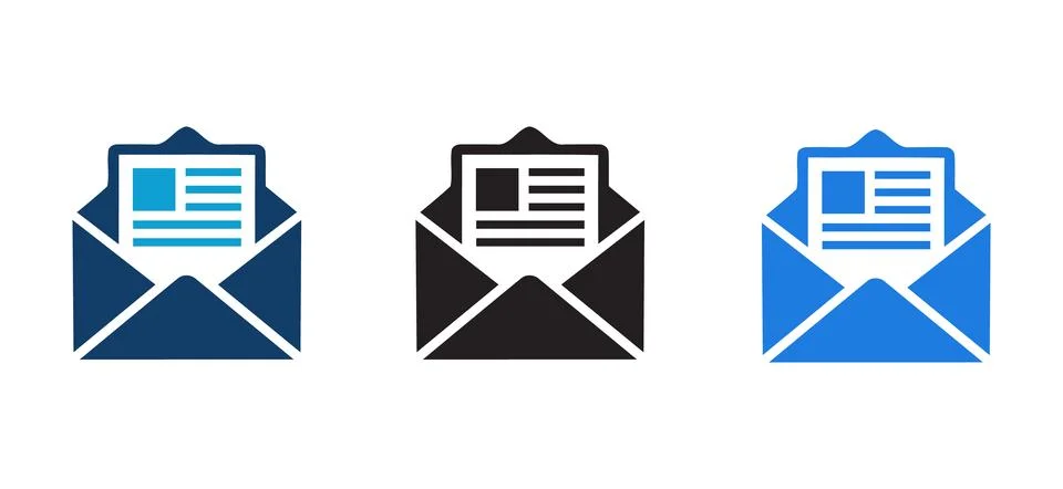 Email communication and document delivery solid icon set. Featuring envelop.. Stock Illustration