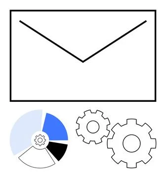 Email Communication Efficiency with Gears and Pie Chart Elements Reflecting.. Stock Illustration