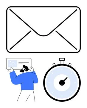 Email Communication Efficiency Man Holding Analytics Chart and Stopwatch Stock Illustration