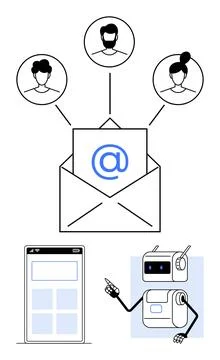 Email Communication Network with Robot and Digital Interface, Representing .. Stock Illustration