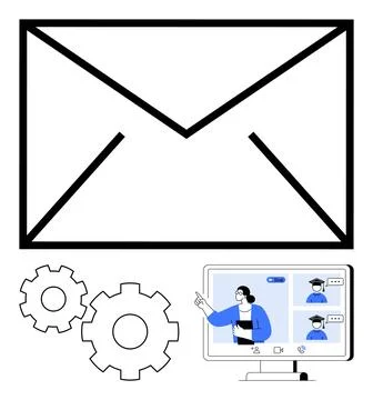Email Communication in Remote Learning Setup with Gears Representing System.. Illustrazione stock