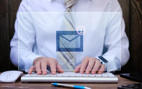 Email concept closeup businessman using computer with email icon Stock Photos