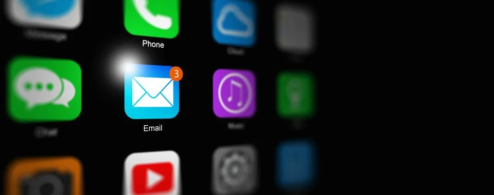 Email Concept: Focus on Email App Icon among Many Icons on Screen with Blac.. Stock Illustration