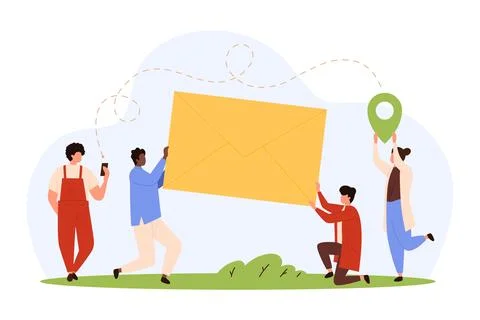 Email correspondence, notification message, group of tiny people holding large Stock-Illustration
