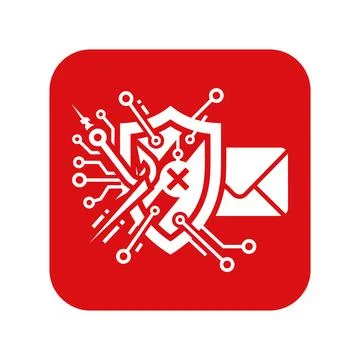 Email cyber security icon with shield circuit board envelope red background. Illustrazione stock