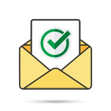 Email with document and round green check mark icon. successful verification  Stock Illustration