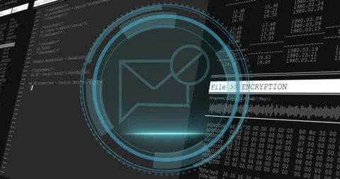 Email encryption animation over computer code and data processing Stock Footage 306636959