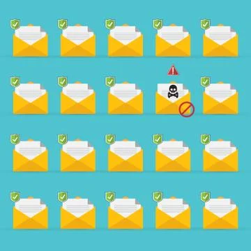 	 Email / envelope with black document and skull icon.  Stock Illustration