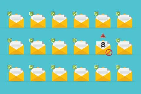 Email / envelope with black document and skull icon. Stock Illustration