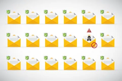 Email / envelope with black document and skull icon. Stock Illustration