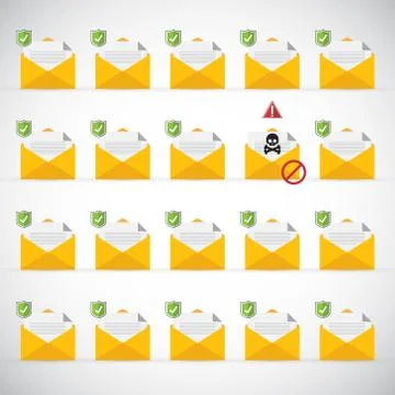 Email / envelope with black document and skull icon. Stock Illustration
