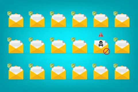 Email / envelope with black document and skull icon. Stock Illustration