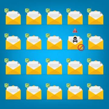 Email / envelope with black document and skull icon. Stock Illustration