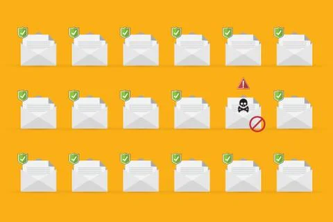 Email / envelope with black document and skull icon. Stock Illustration