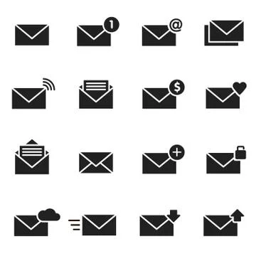 Email envelope black icon set. Message vector illustration 库存插图